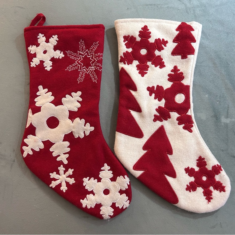 Set of 2 Christmas stockings (snowflakes & trees appliqués)